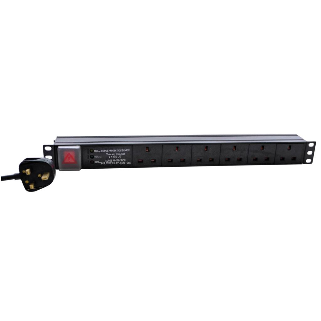 Eagle 6-Way UK Horizontal Socket 19 Inch PDU with 3 Way Surge Protection to UK Plug