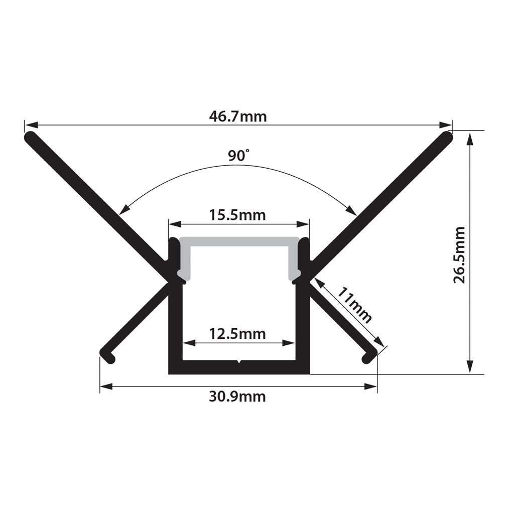 Aluminium LED Tape Profile Internal Corner Plaster-in - 2m