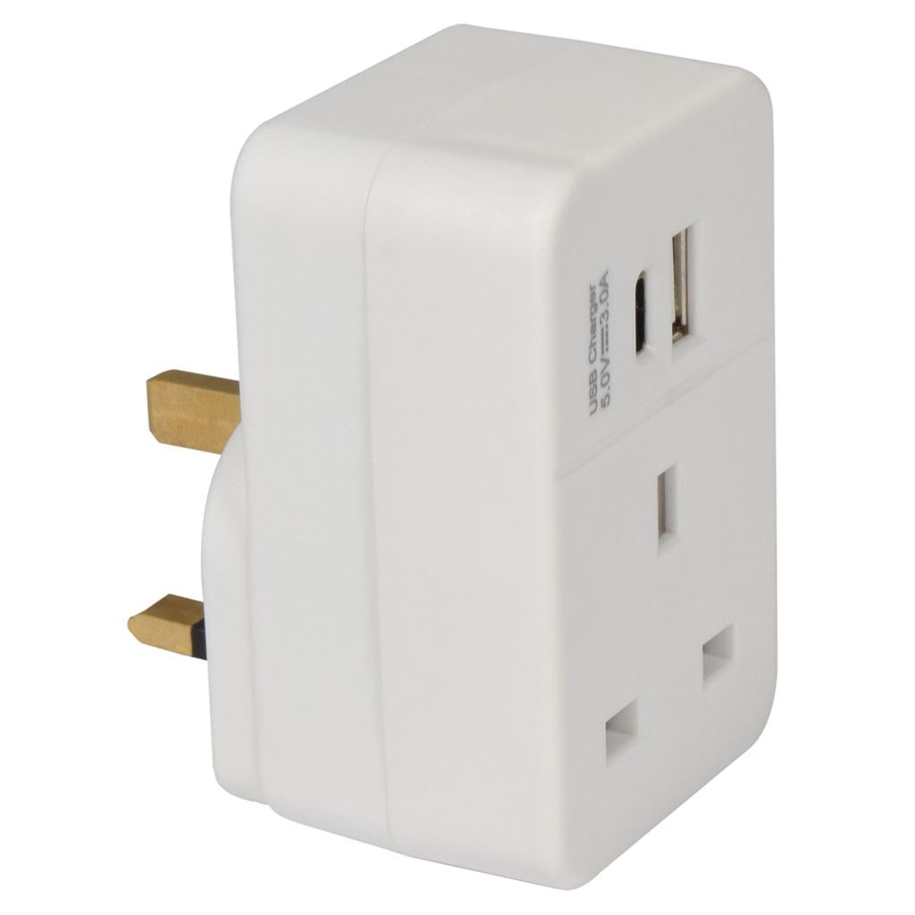 Plug Through UK Mains Adaptor with USB A and PD fast charging USB C Port - A+C