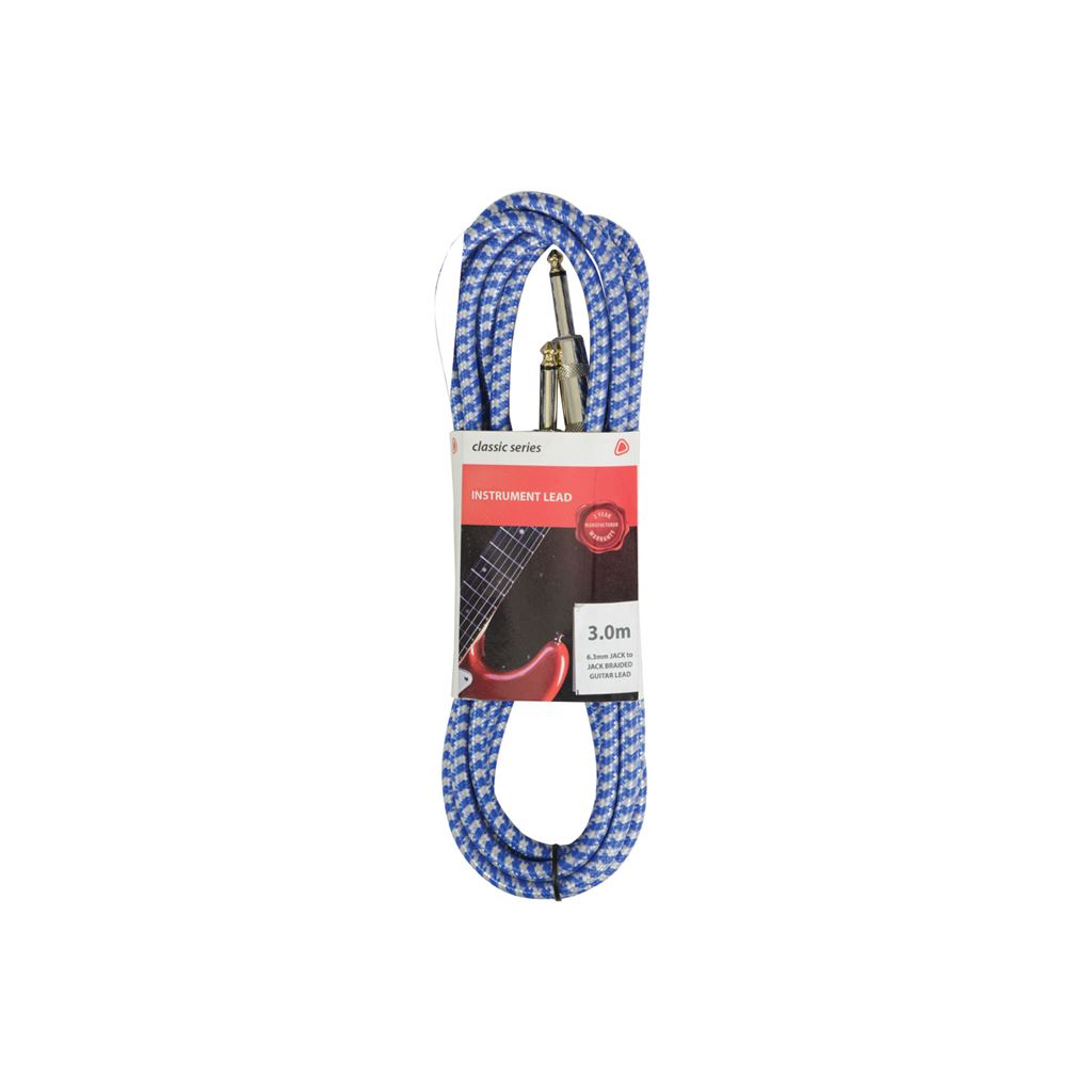 Classic Retro Braided Guitar Leads 6.3mm Mono Jack Plug - 6.3mm Mono Jack Plug - Blue/White 3.0m