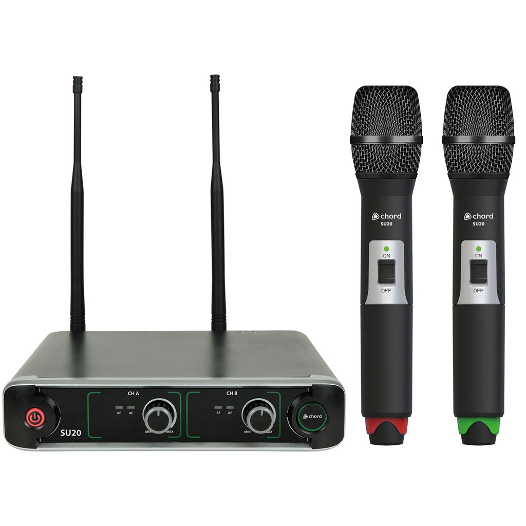 SU20 Compact Dual UHF Microphone Sets - Handheld Red + Green - SU20-H-RG