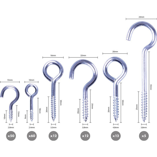 151 Piece Screw-in Metal Ceiling and Wall Hook Kit - General Purpose Hooks in 6 Different Sizes