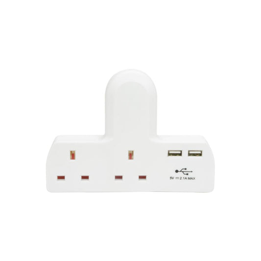 2 Way UK Mains Adaptor with Dual USB Ports - Plug-in 2-Way