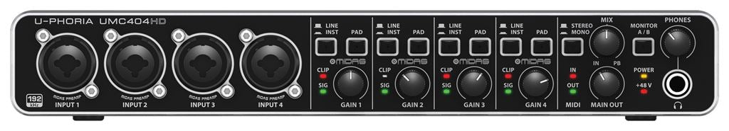 Behringer U-PHORIA UMC404HD Audiophile 4x4, 24-Bit/192 kHz USB Audio/MIDI Interface with MIDAS Mic Preamplifiers