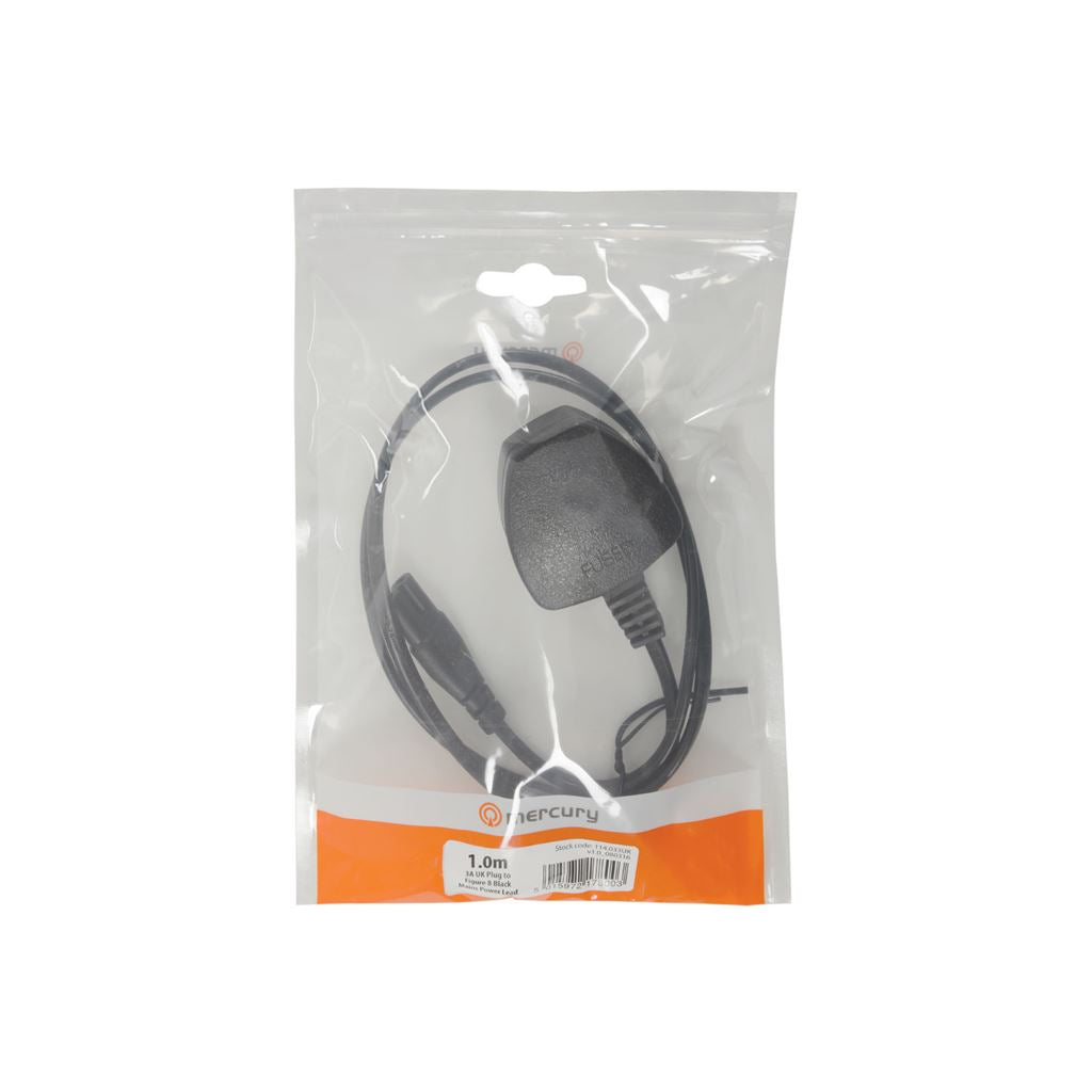 Mains Power Leads UK Plug - Figure 8 3A - Black 1.0m