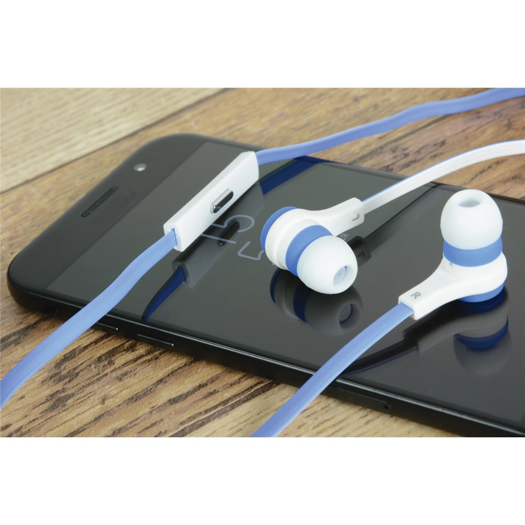 Rubberised Stereo Earphones with Hands-free - w/Mic Blue & White