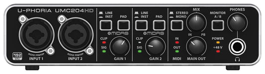 Behringer U-PHORIA UMC204HD Audiophile 2x4, 24-Bit/192 kHz USB Audio/MIDI Interface with MIDAS Mic Preamplifiers