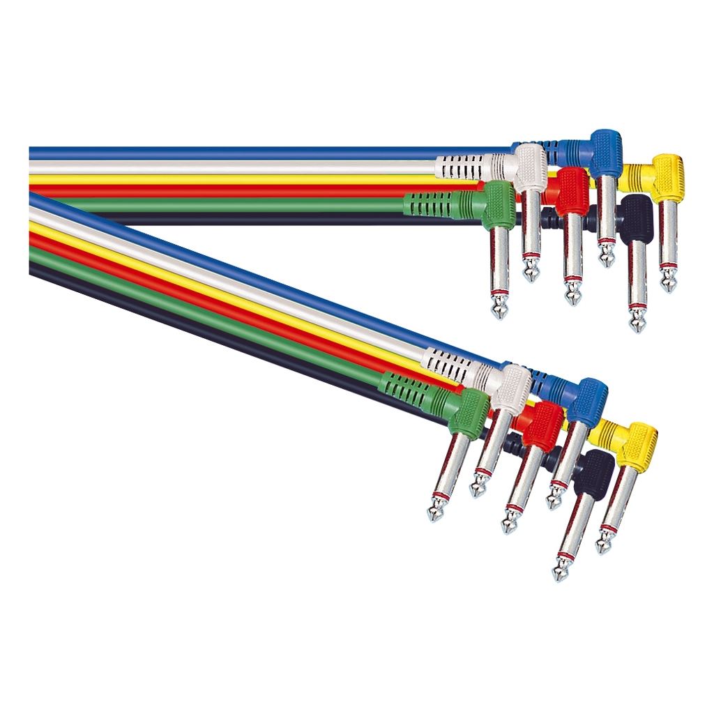 Standard Assorted Coloured 6.35mm Right Angled Jack Plug to 6.35mm Right Angled Jack Plug Screened Leads (6)