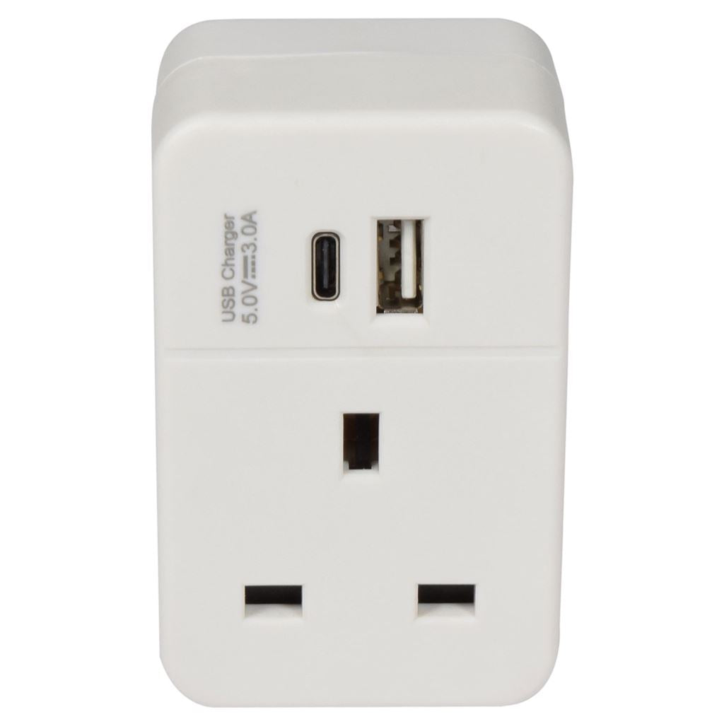 Plug Through UK Mains Adaptor with USB A and PD fast charging USB C Port - A+C