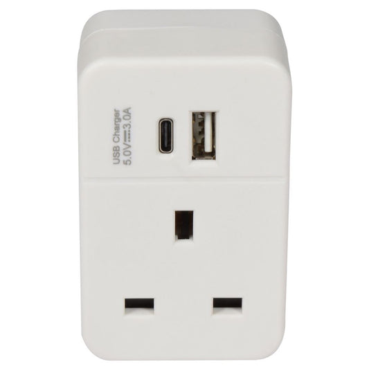 Plug Through UK Mains Adaptor with USB A and PD fast charging USB C Port - A+C