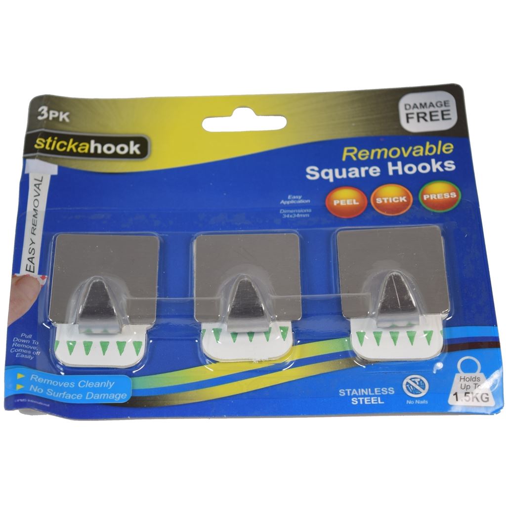 Stainless Steel Easy Application Removable Square Hooks 3 Pack 1.5 KG