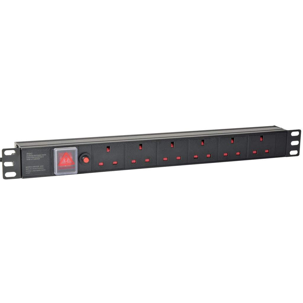 19" Rackmount Power Distribution Units - 1U 6-Gang UK + Breaker + 1.8m Lead - 1U-PDU-6UK