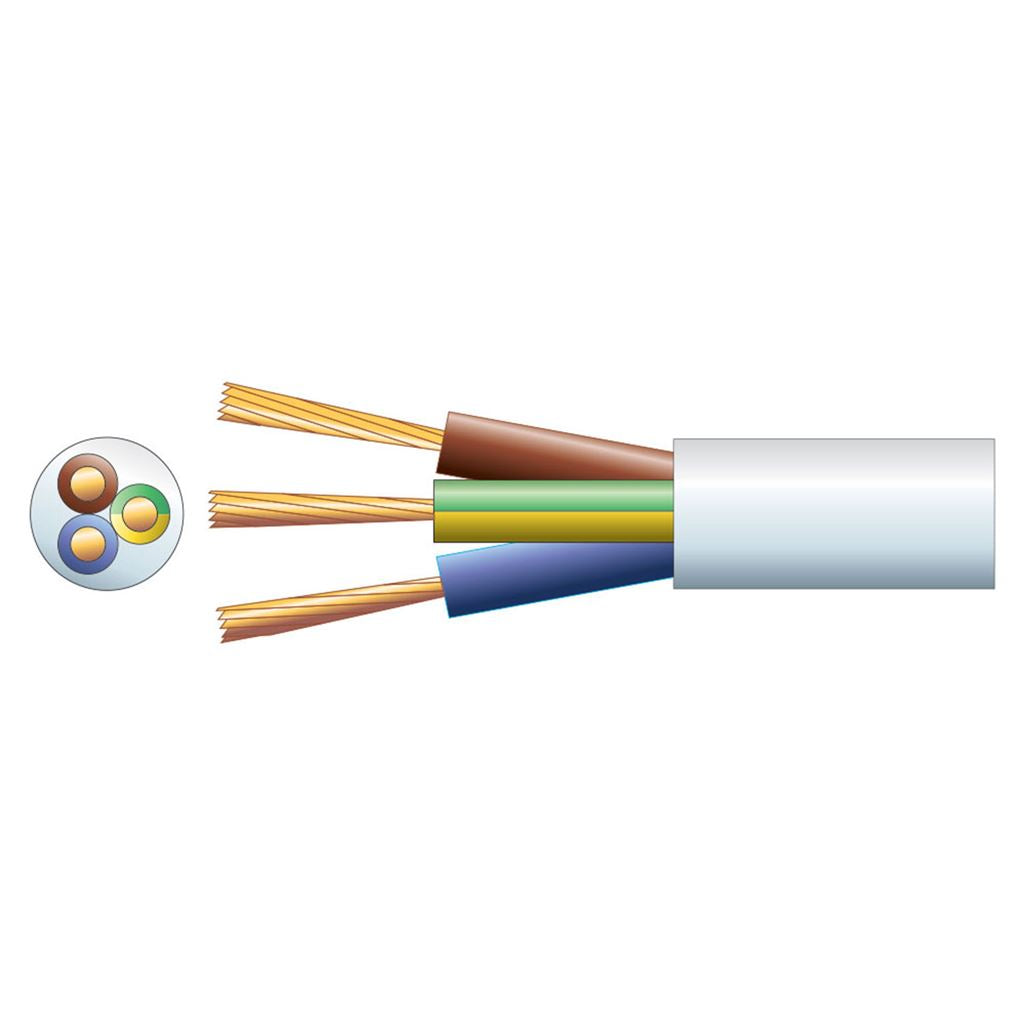 2183Y 3 Core Round PVC, 300/300V, HO3VV-F3, 6A - mains x 24/0.2mm, 6A, 6.1mm, White, 100m