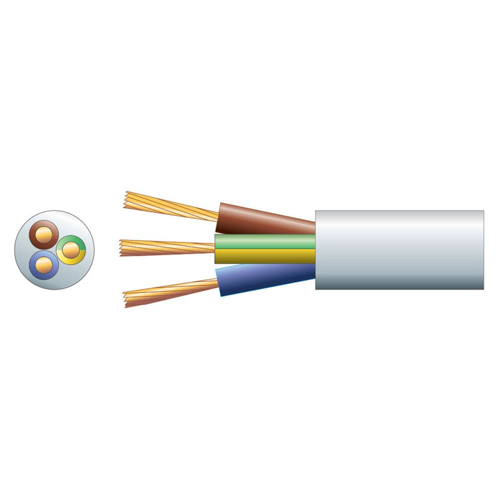 3183Y 3 Core Round PVC, 300/500V, HO5VV-F3, 10A - mains x 32/0.2mm, 10A, 7.2mm&#216;, White, 50m