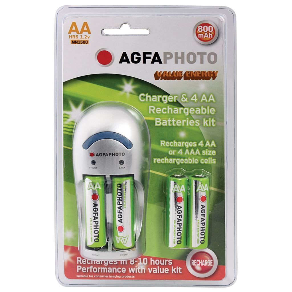 AGFA PHOTO Economy Overnight Charger - Supplied with 4x AA 800mAH Batteries