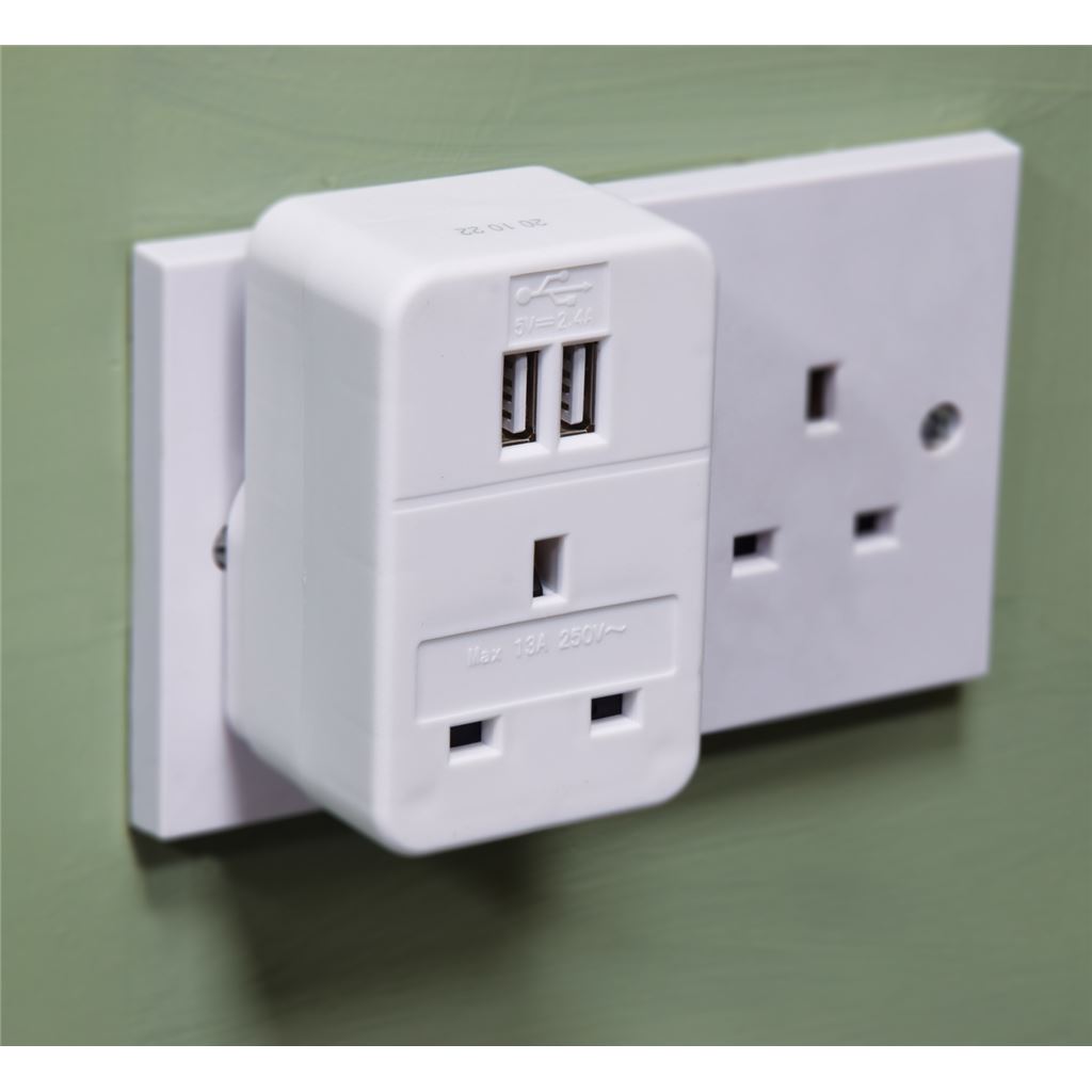 Plug through UK Mains Adaptor with Dual USB Ports 2.4A Max