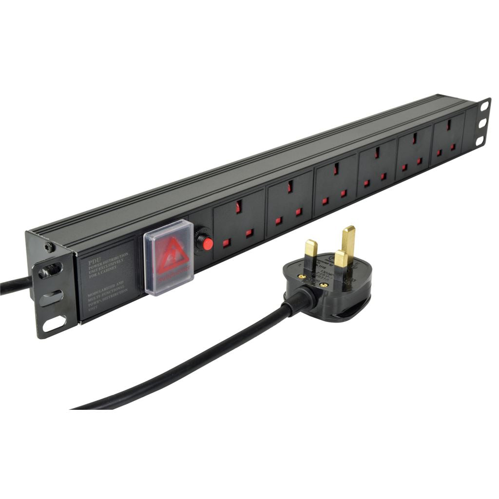 19" Rackmount Power Distribution Units - 1U 6-Gang UK + Breaker + 1.8m Lead - 1U-PDU-6UK