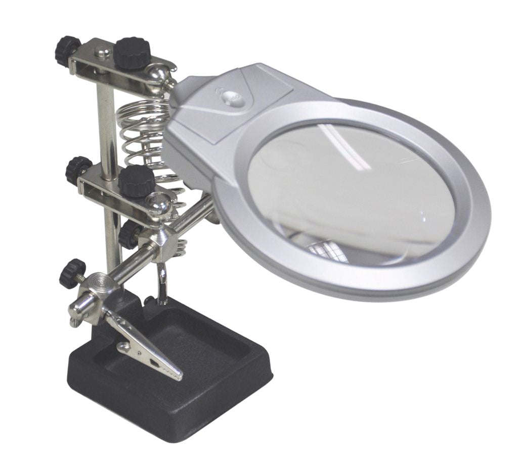 Illuminated Helping Hands with 90 mm Magnifier Lens, Soldering Iron Rest, 2 Articulated Arms and 2 LED lights