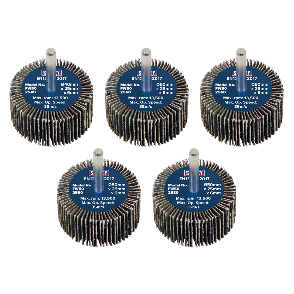 Flap Wheel &#216;50 x 25mm &#216;6mm Shaft Assorted Grit - Pack of 5