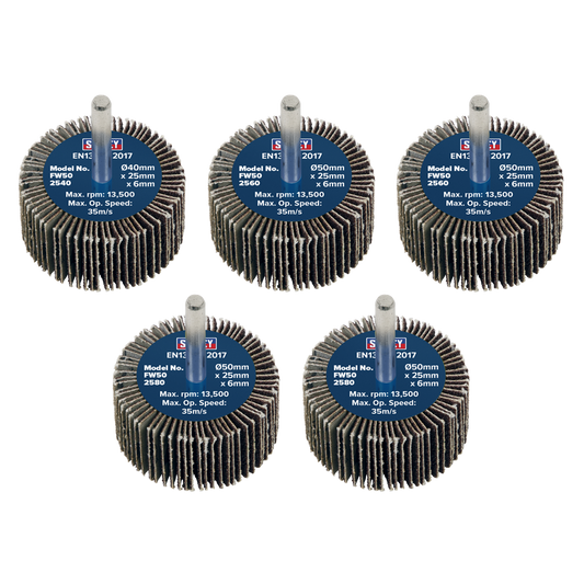 Flap Wheel &#216;50 x 25mm &#216;6mm Shaft Assorted Grit - Pack of 5