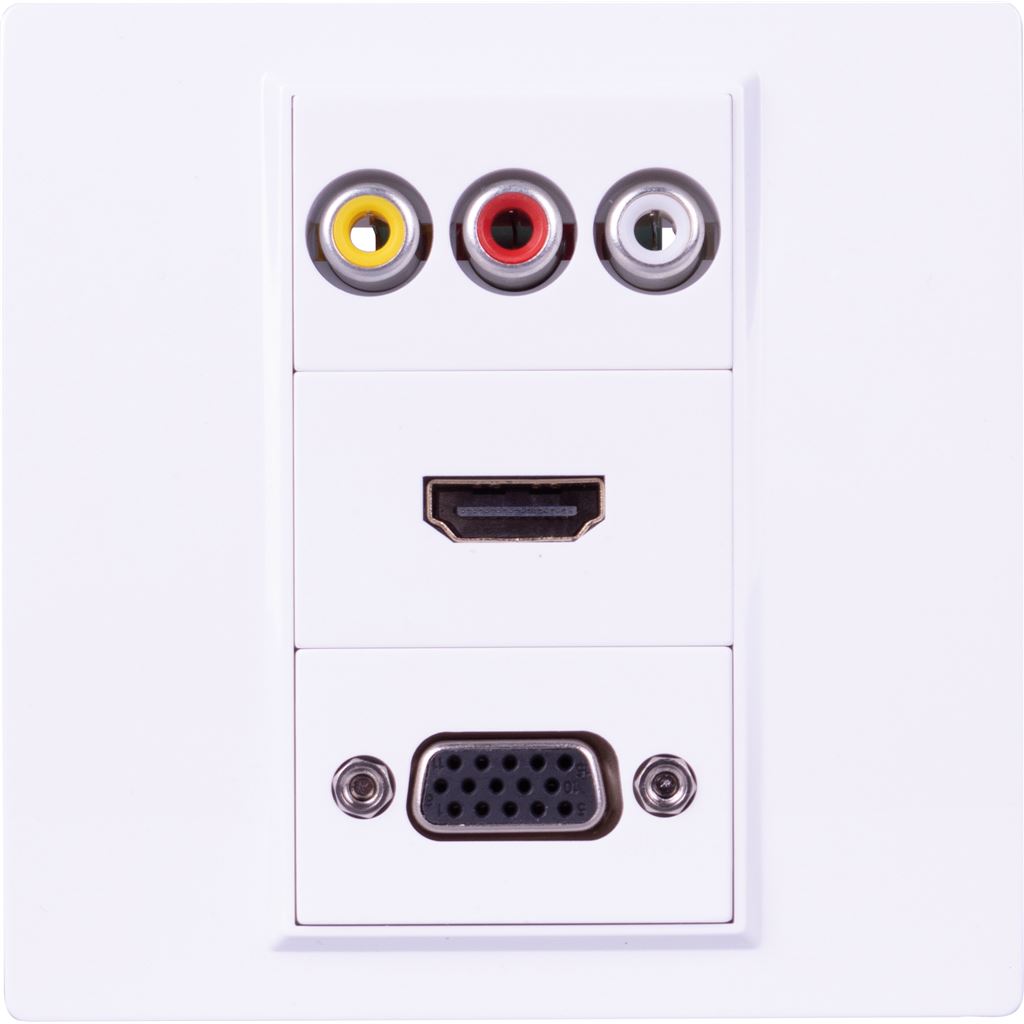 Wall Plate 1 x HDMI 2.0 Feed Through Socket  And  USB 2.0 Feed Through Socket and 3 Phono Sockets With Screw Terminals