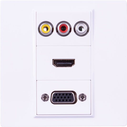 Wall Plate 1 x HDMI 2.0 Feed Through Socket  And  USB 2.0 Feed Through Socket and 3 Phono Sockets With Screw Terminals