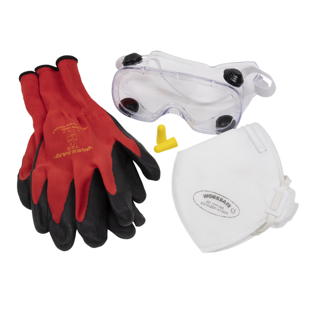 Flexi Grip Gloves, FFP1 Mask, Goggles & Ear Plugs